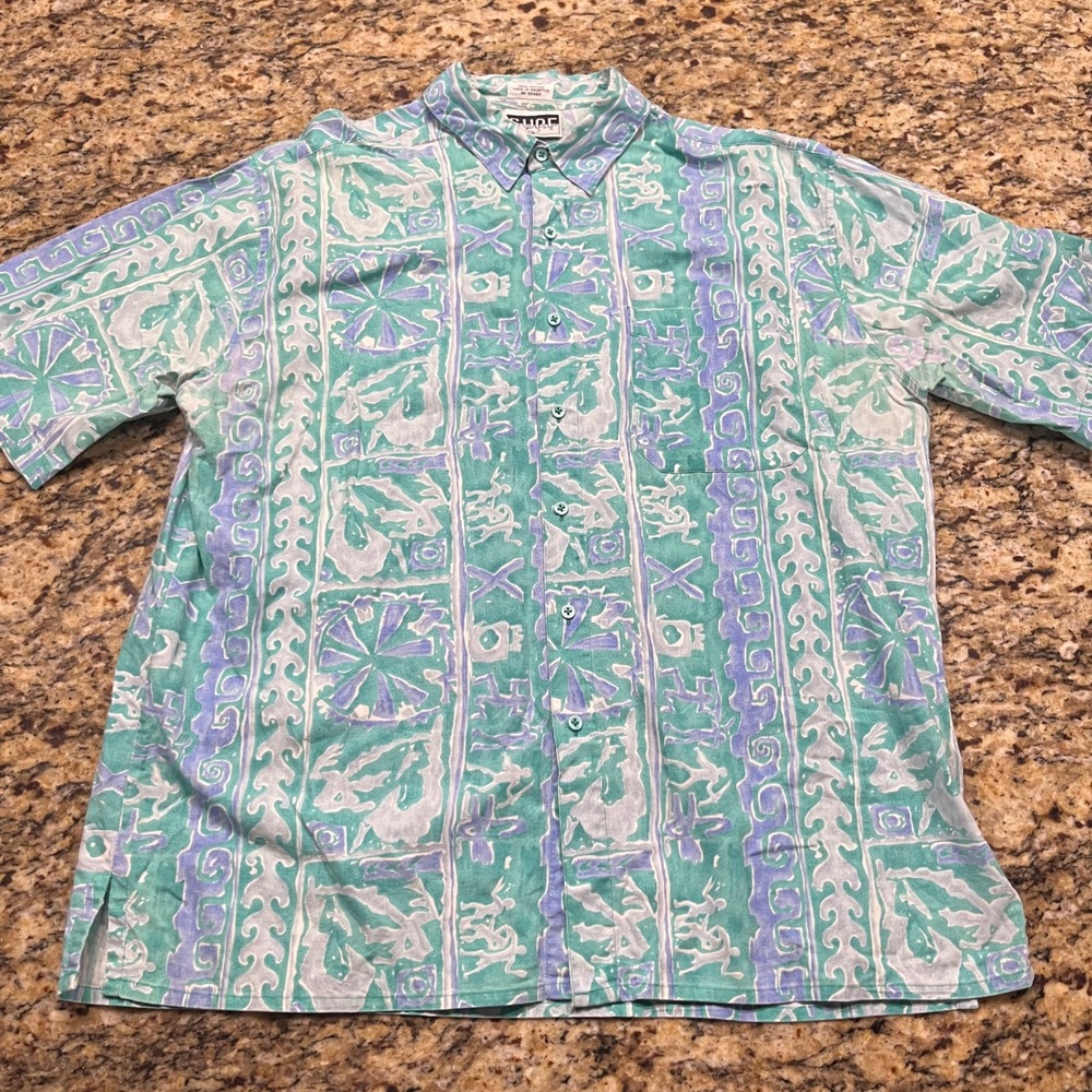 Vintage Surf Gear Mens Large Teal Purple Tribal Abstract Cotton Button Up Shirt